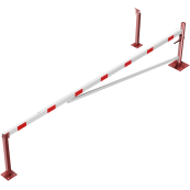 Swing barrier | with bracing tube and | pull rope reinforcement | to be fixed by plugs, hot-dip galvanized and red coated with white reflecting rings | Barrier arm length: 5000 mm | for padlock